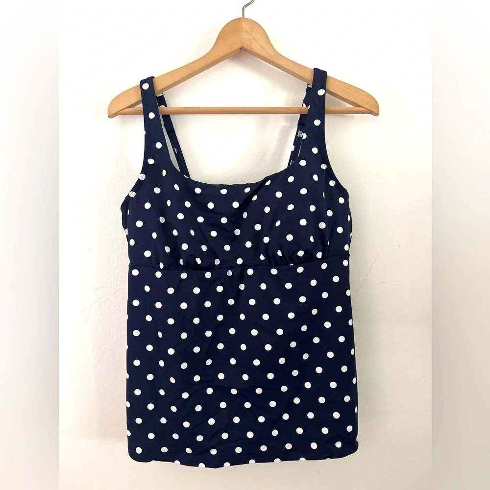 Lands End Tankini Swimsuit Top Navy and White Polka Women Size 14 w/ Underwire